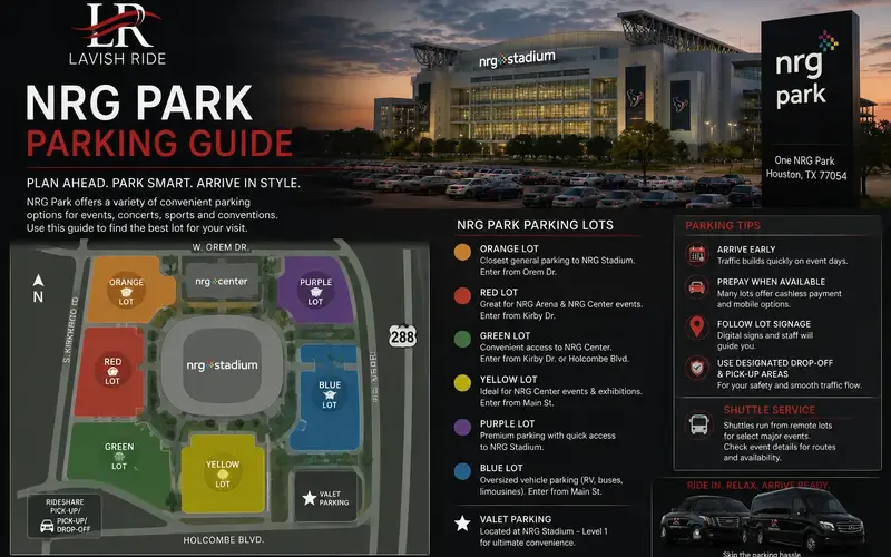 NRG Park parking guide map in Houston featuring stadium parking lots, valet areas, rideshare pickup zones, and event transportation logistics near NRG Stadium.